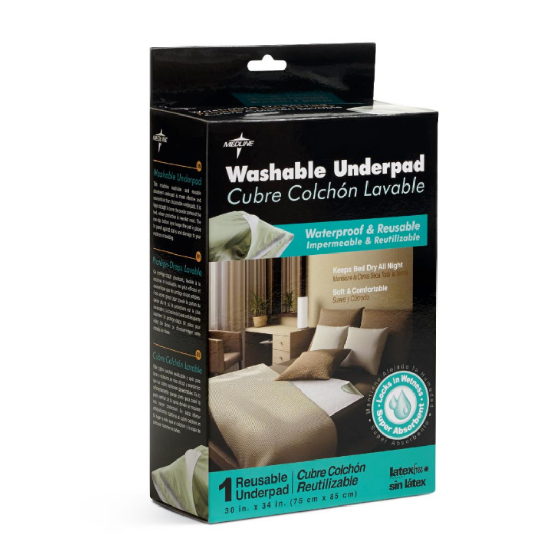 A box of Medline Washable Underpads - Reusable - 30 x 34, shown with product images, bilingual (English/Spanish) text, and features like waterproof superabsorbent technology, latex-free material, and reusable design.